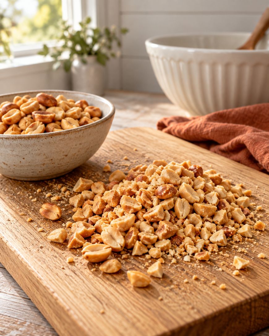Chopped peanuts on a wooden cutting board, with a bowl of whole peanuts and a white mixing bowl in the background. Sunlight streams through a window, and a rust-colored cloth rests nearby.