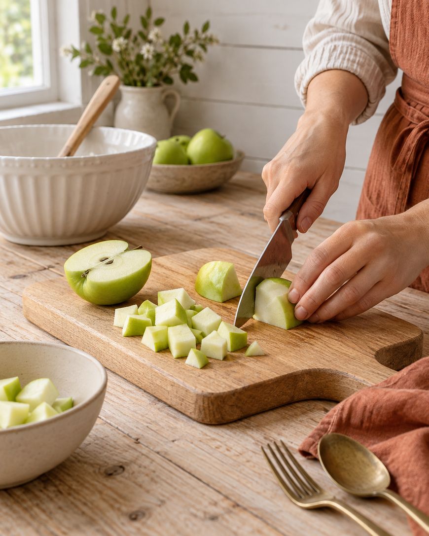 A person slices a green apple on a wooden cutting board, with diced apple pieces nearby. Bowls, green apples, and utensils are on a rustic wooden table in a bright kitchen.