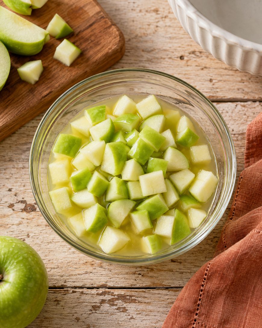 A glass bowl filled with diced green apples soaking in liquid sits on a rustic wooden table, with apple pieces on a cutting board and a whole green apple nearby.