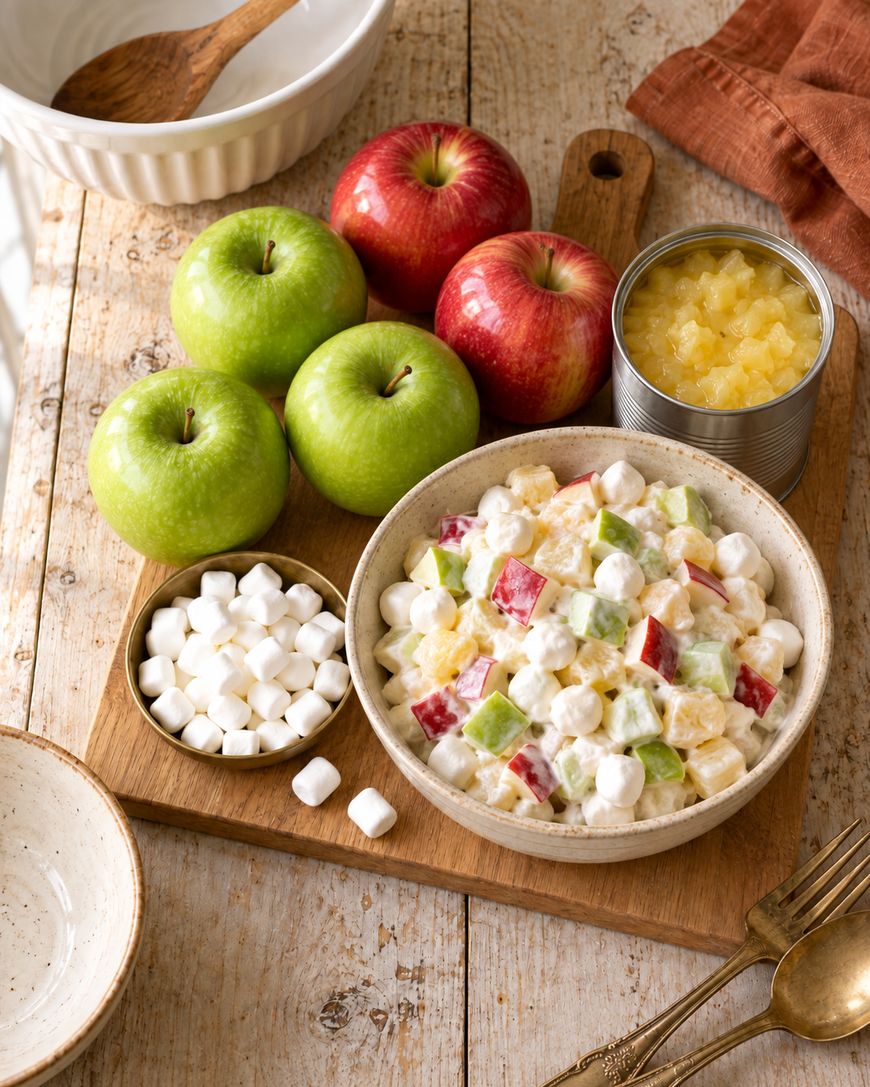 A bowl of fruit salad with marshmallows, chopped apples, and pineapple sits on a wooden board next to fresh apples, canned pineapple, and mini marshmallows. Utensils and empty bowls are nearby.
