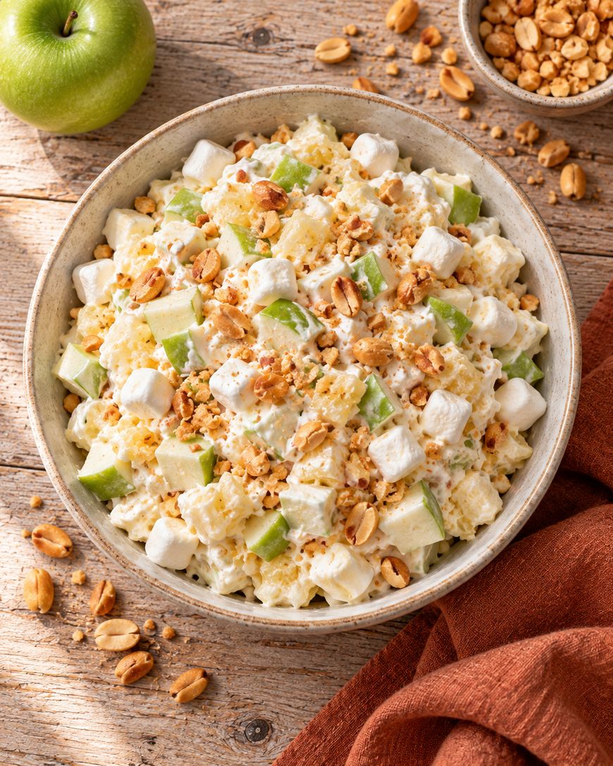 A bowl of creamy salad with green apple chunks, marshmallows, peanuts, and granola, on a wooden table with a green apple and bowl of peanuts nearby.