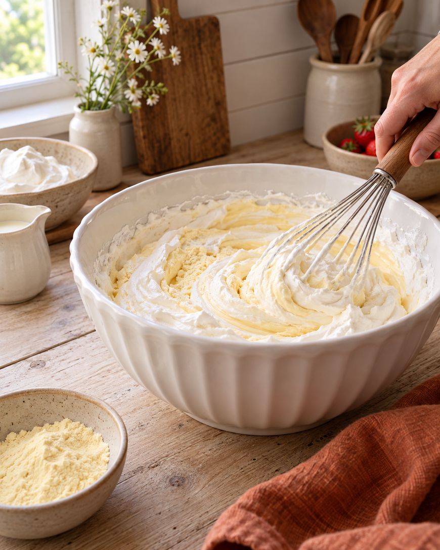 A hand uses a whisk to mix a creamy batter in a large white bowl on a wooden table, surrounded by bowls of ingredients, flowers, and kitchen utensils.
