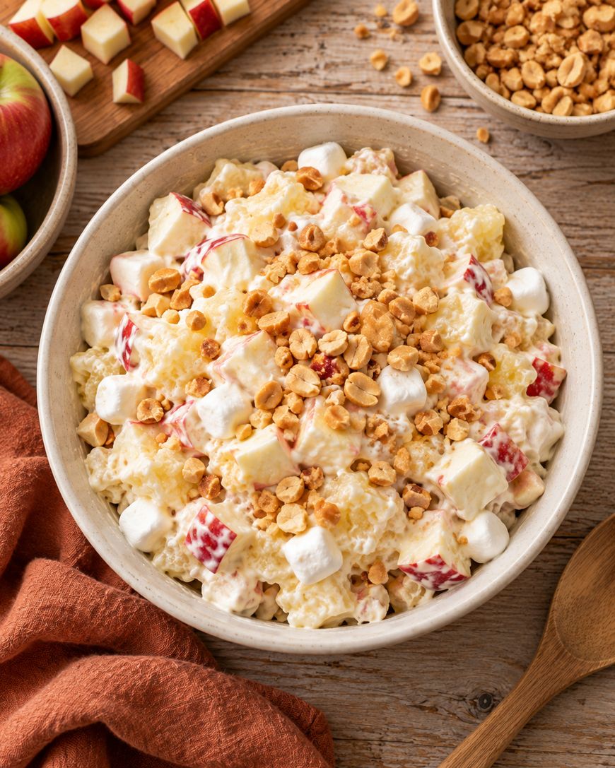 A bowl of creamy salad with apple chunks, pineapple, mini marshmallows, and chopped peanuts, set on a wooden table with a wooden spoon, a rust-colored napkin, and extra apple pieces nearby.