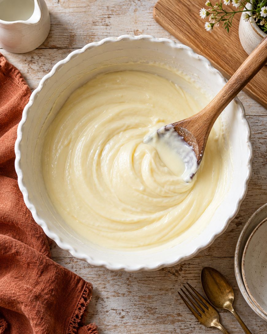 A wooden spoon stirs creamy, pale batter in a white scalloped bowl on a rustic table, with a burnt orange cloth, dishes, and gold utensils nearby.