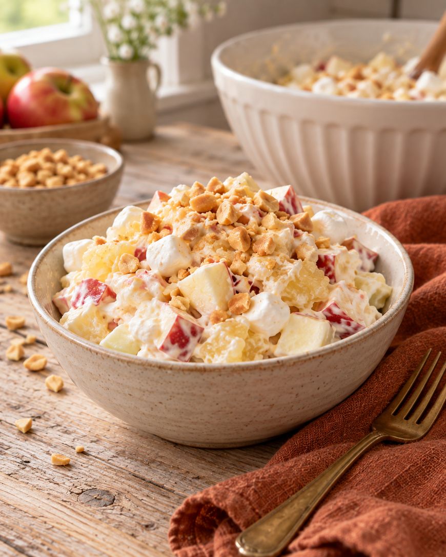 A bowl of creamy fruit salad with apples, pineapple, and mini marshmallows, topped with chopped peanuts, sits on a rustic wooden table with a fork and orange napkin nearby.