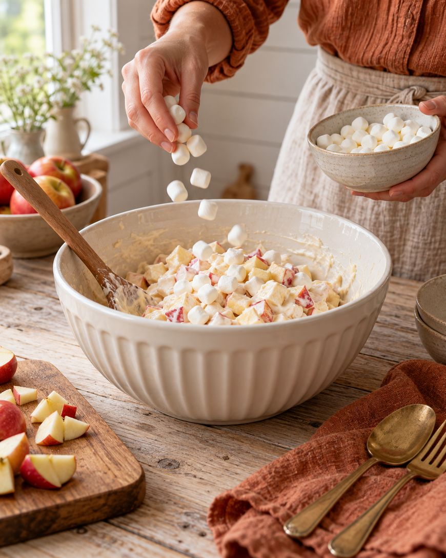A person adds mini marshmallows to a large bowl of fruit and cream mixture on a wooden table, surrounded by chopped apples and kitchenware in a cozy kitchen setting.
