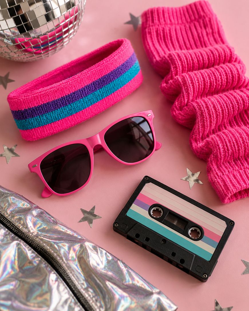 Pink sunglasses, a striped headband, leg warmers, a cassette tape, disco ball, and metallic bag on a pink surface with silver star confetti, evoking a retro 1980s vibe.