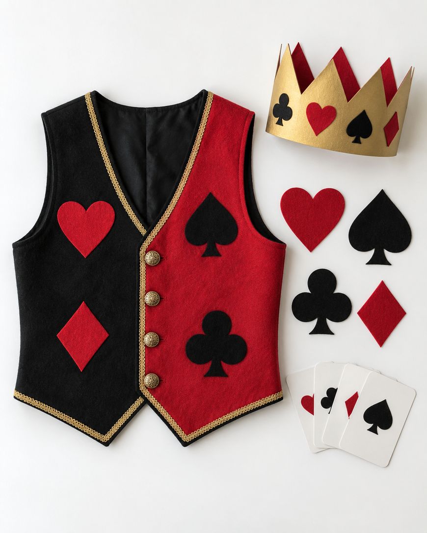 A black and red vest with playing card suits, a gold crown with felt shapes, four felt card suits, and three blank playing cards arranged on a white background.