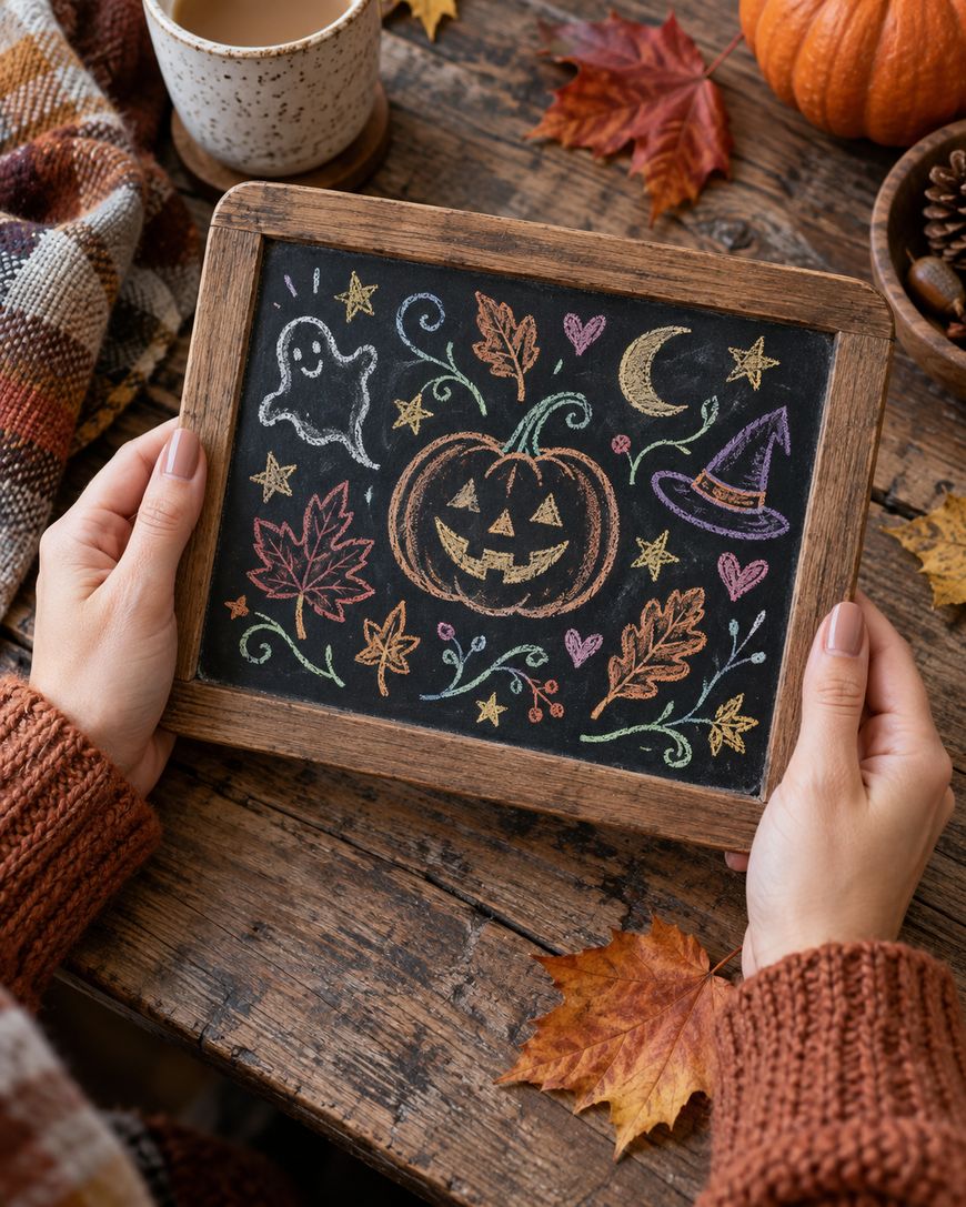 Hands holding a chalkboard with colorful Halloween drawings, including a jack-o-lantern, ghost, witch hat, leaves, hearts, moon, and stars. Autumn leaves, a drink, and a pumpkin are on the wooden table.
