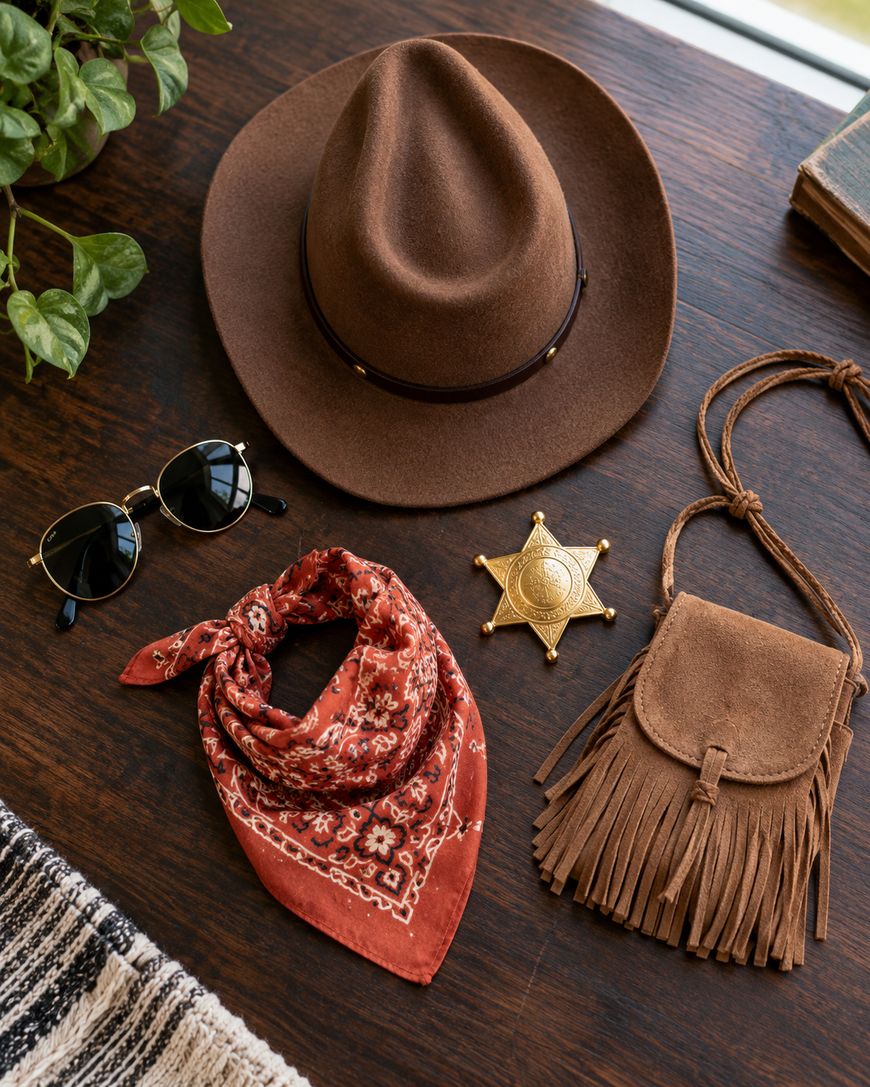 A brown cowboy hat, round sunglasses, gold sheriff badge, red bandana, brown fringed purse, and part of a black-and-white blanket arranged on a wooden table.