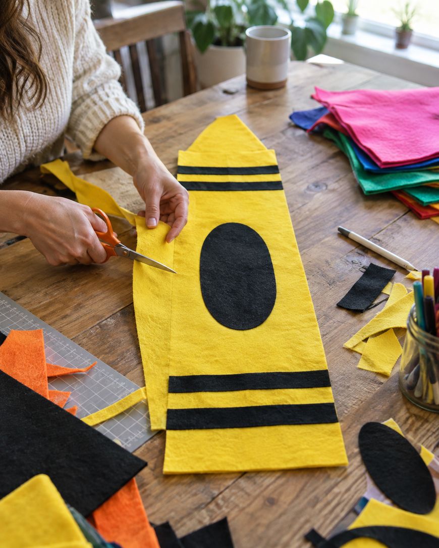 A person uses scissors to cut yellow felt shaped like a crayon, surrounded by colorful felt pieces and craft supplies on a wooden table.