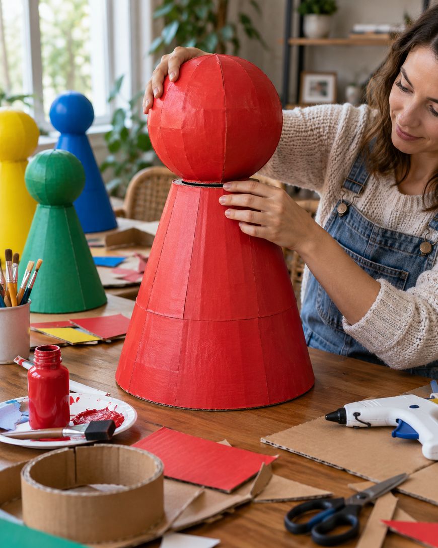 A woman assembles a large red pawn-shaped game piece from paper mache, surrounded by colorful paints, brushes, scissors, and other craft materials on a wooden table.