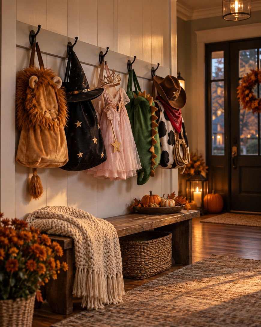 Childrens costumes—lion, witch, princess, dinosaur, and cowboy—hang on hooks in a cozy entryway decorated with pumpkins, autumn flowers, and a knit blanket, evoking a warm, festive fall atmosphere.
