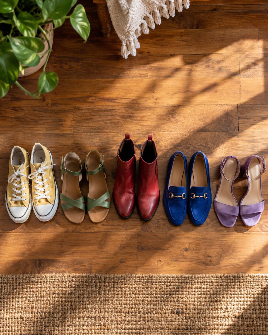 Four pairs of shoes—yellow sneakers, green sandals, red ankle boots, blue loafers, and purple sandals—are neatly lined up on a wooden floor next to a woven rug and green plant.