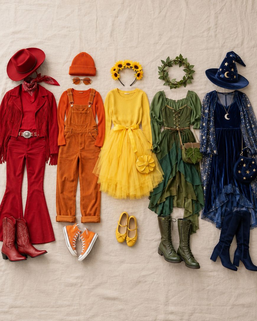 Five colorful costumes laid out: red cowboy, orange overalls with a beanie, yellow dress with flower headband, green fairy dress with leaf crown, and blue wizard outfit with a pointed hat and moon bag.