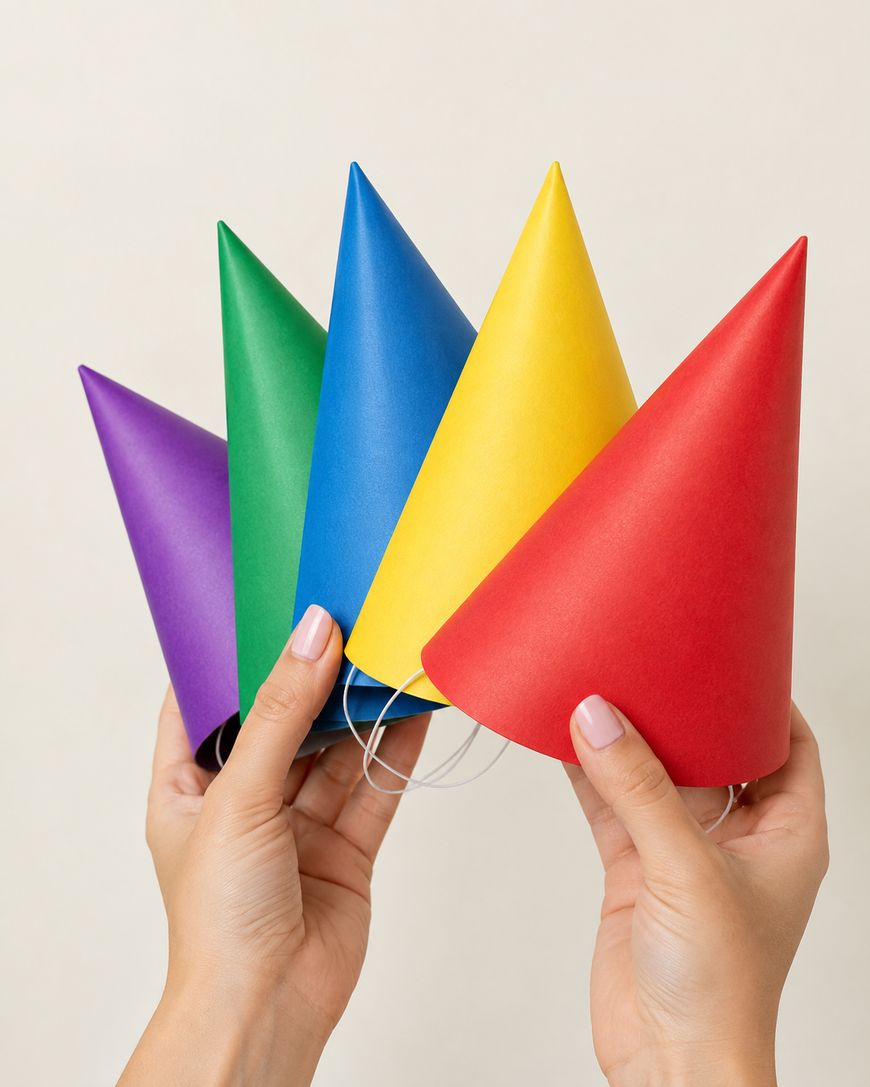 Two hands holding five colorful party hats—purple, green, blue, yellow, and red—against a plain light background.