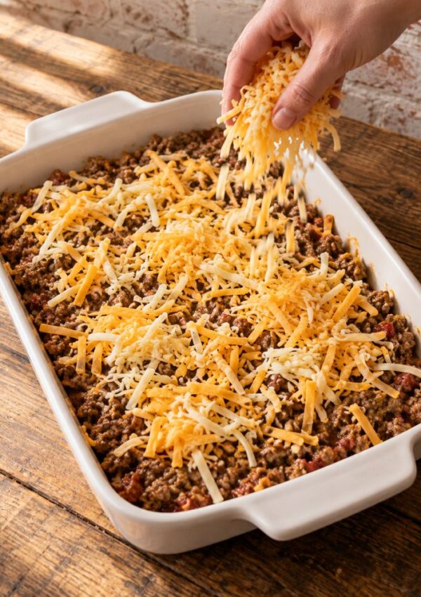 A hand sprinkles shredded cheese over a casserole dish filled with seasoned ground meat on a wooden table.