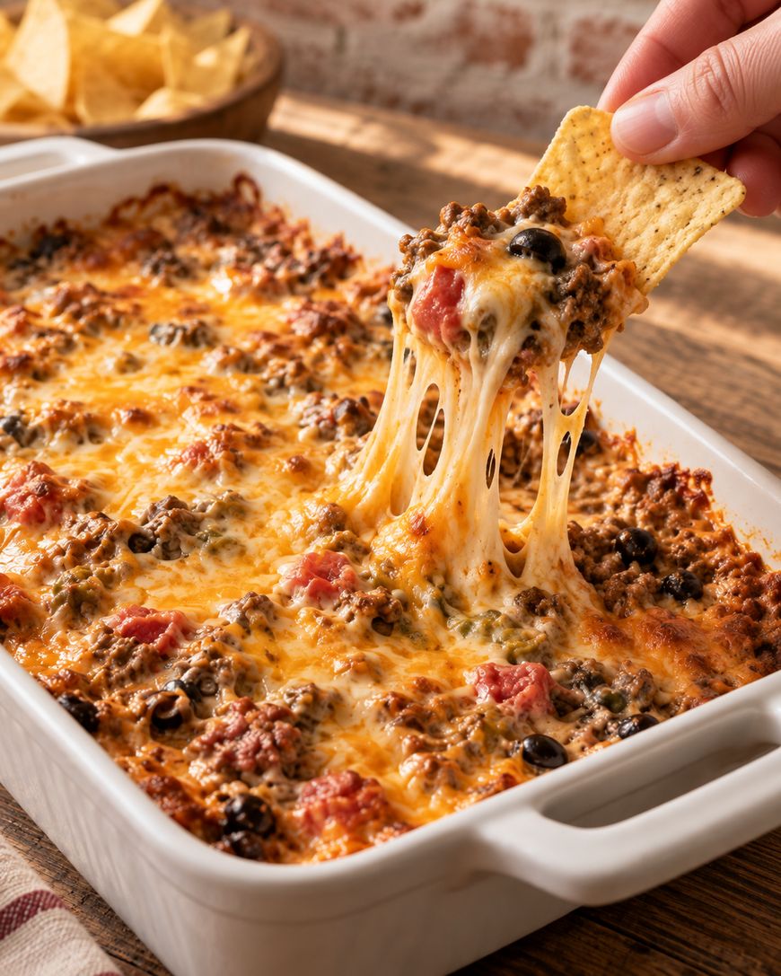 A hand dips a tortilla chip into a cheesy baked casserole with ground beef, tomatoes, and black olives in a white dish. Another dish with chips sits in the background on a wooden table.