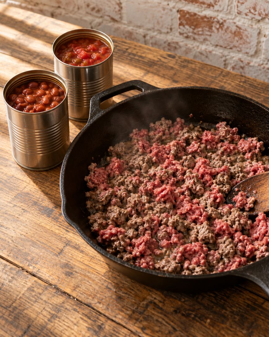 A cast iron skillet with browning ground beef sits on a wooden table next to two open cans of diced tomatoes.