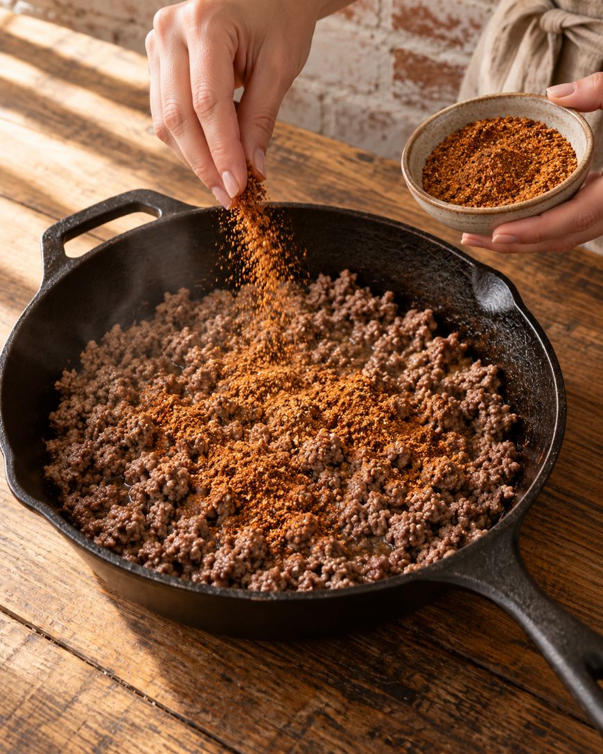 A person sprinkles spice mix from a small bowl onto cooked ground beef in a black cast iron skillet on a wooden table.