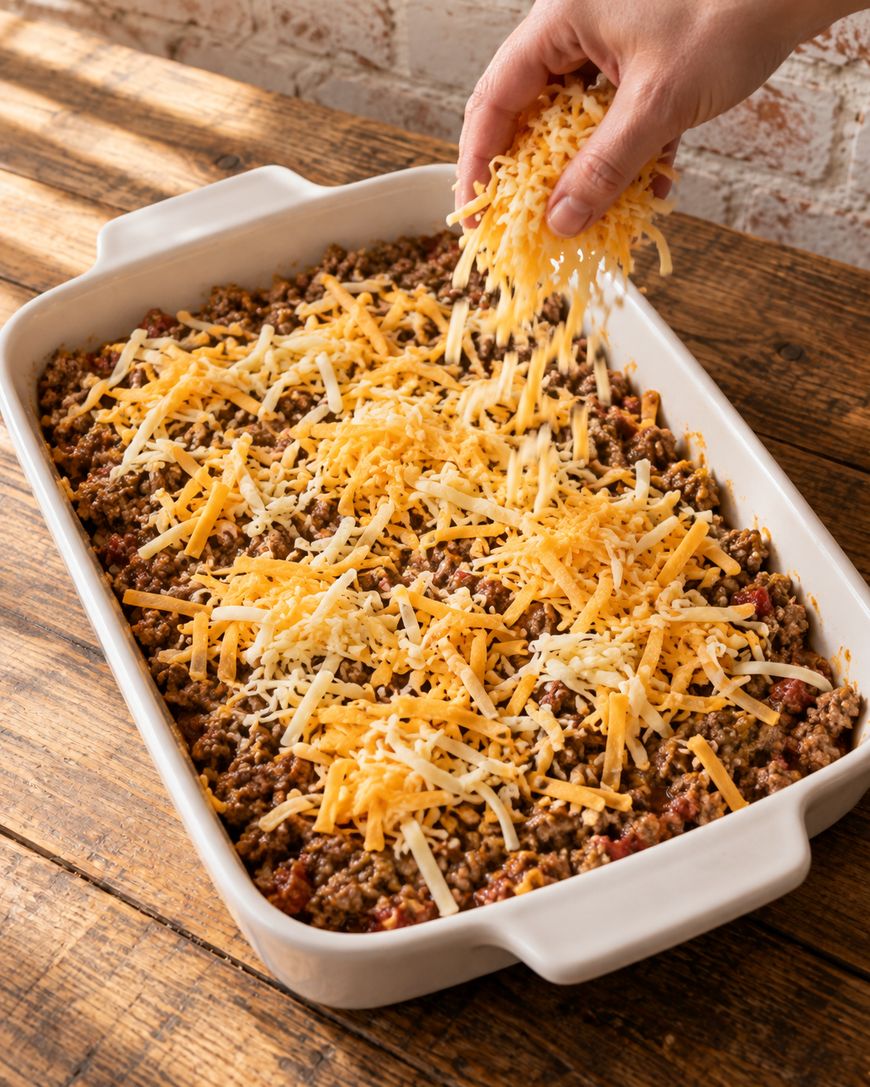 A hand sprinkles shredded cheese over a casserole dish filled with seasoned ground beef mixture on a wooden table.