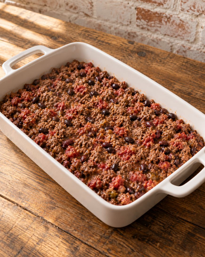A white rectangular baking dish filled with a mixture of ground beef, black beans, and diced tomatoes sits on a rustic wooden table near a brick wall.