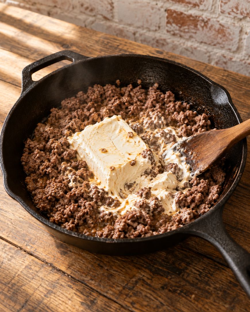 Ground beef is being cooked in a cast iron skillet with a block of cream cheese, partially mixed in with a wooden spatula. The skillet sits on a rustic wooden table with sunlight streaming in.