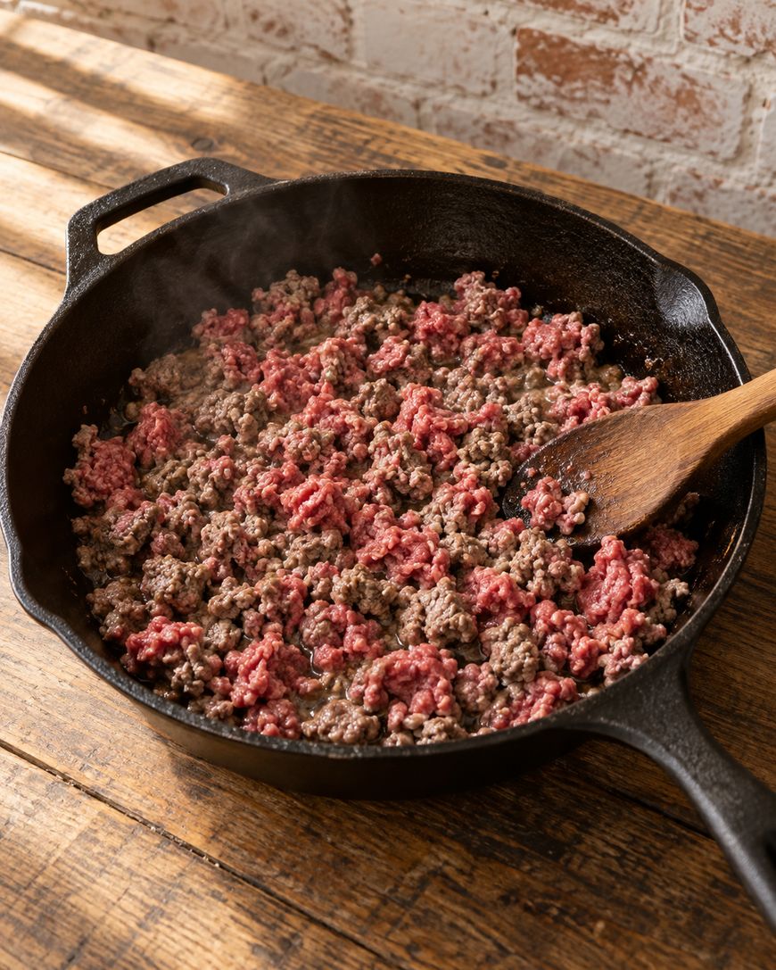 Ground beef cooking in a black cast iron skillet on a wooden table, with a wooden spoon stirring the meat. Some beef is browned while some remains pink. Steam is visible rising from the skillet.