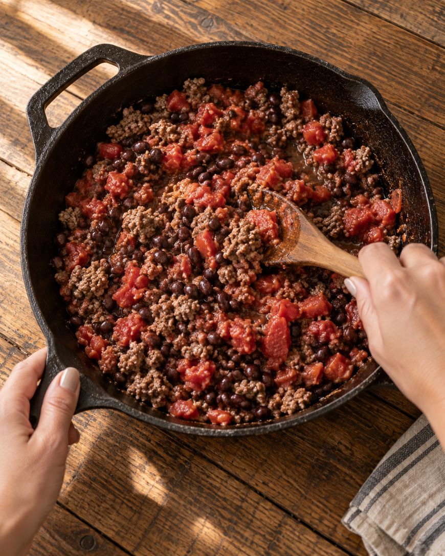A person stirs a skillet of cooked ground beef, black beans, and diced tomatoes with a wooden spoon on a wooden table.