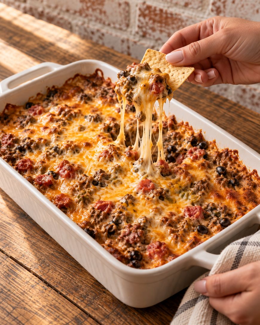 A hand dips a cracker into a cheesy, baked casserole with ground meat, melted cheese, tomatoes, and black olives in a white baking dish on a wooden table.