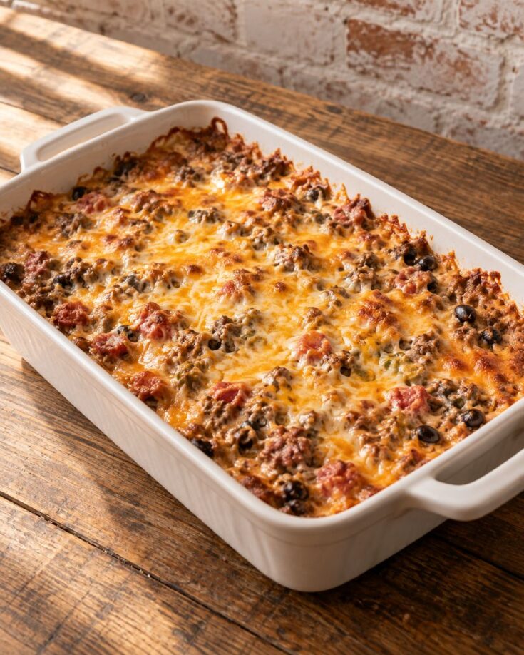 A baked casserole in a white dish sits on a wooden table. The dish contains melted cheese, ground meat, black olives, and diced tomatoes, with a golden, crispy top.