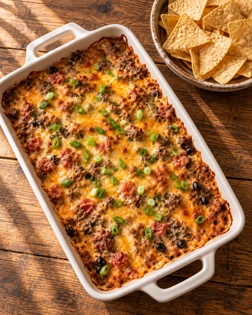 A baked casserole topped with melted cheese, ground meat, tomatoes, olives, and sliced green onions sits next to a bowl of tortilla chips on a wooden table.