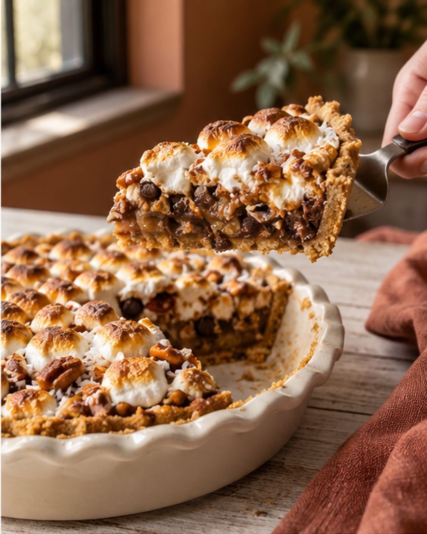A hand lifts a slice of pie topped with toasted marshmallows, chocolate, and nuts from a ceramic pie dish, with a rustic table and a window in the background.