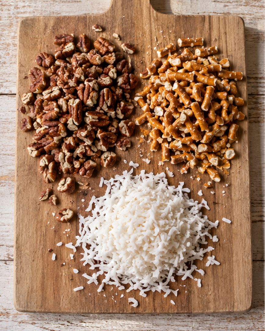 Chopped pecans, broken pretzel sticks, and shredded coconut are arranged in three separate piles on a wooden cutting board.