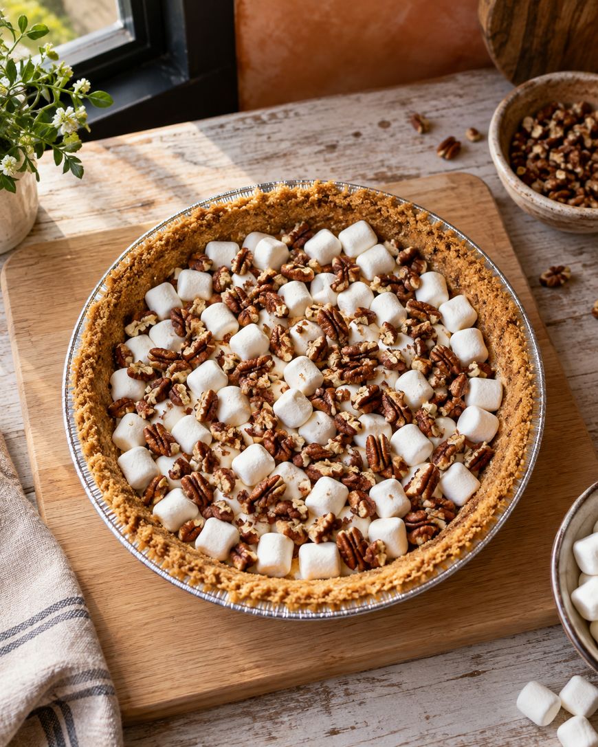 A pie with a graham cracker crust, topped with mini marshmallows and chopped pecans, sits on a wooden surface near a window. Bowls of pecans and a small plant are nearby.
