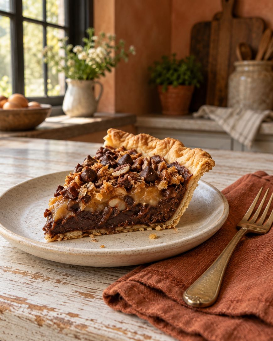 A slice of chocolate chip pie with a golden crust sits on a plate beside a fork and rust-colored napkin, on a rustic wooden table near a sunlit window with potted plants in the background.