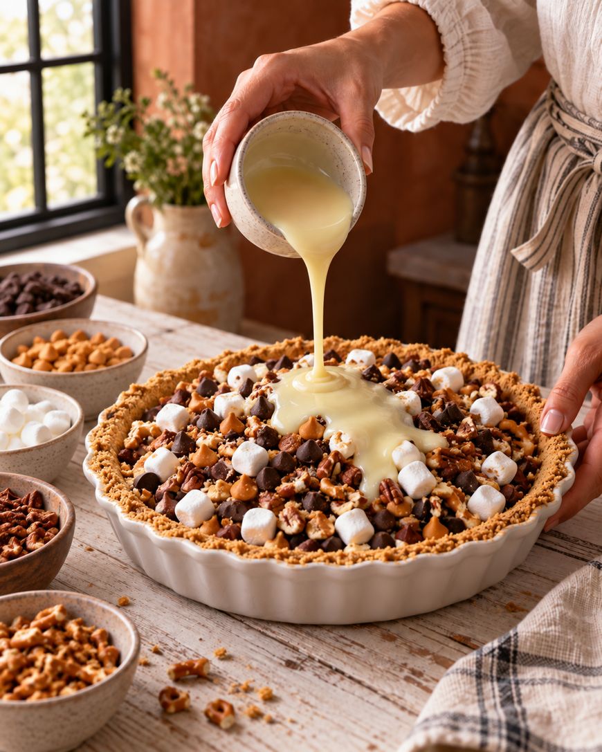 A person pours a creamy sauce over a pie topped with marshmallows, chocolate chips, pretzels, and nuts. The pie sits on a rustic wooden table with bowls of ingredients nearby.