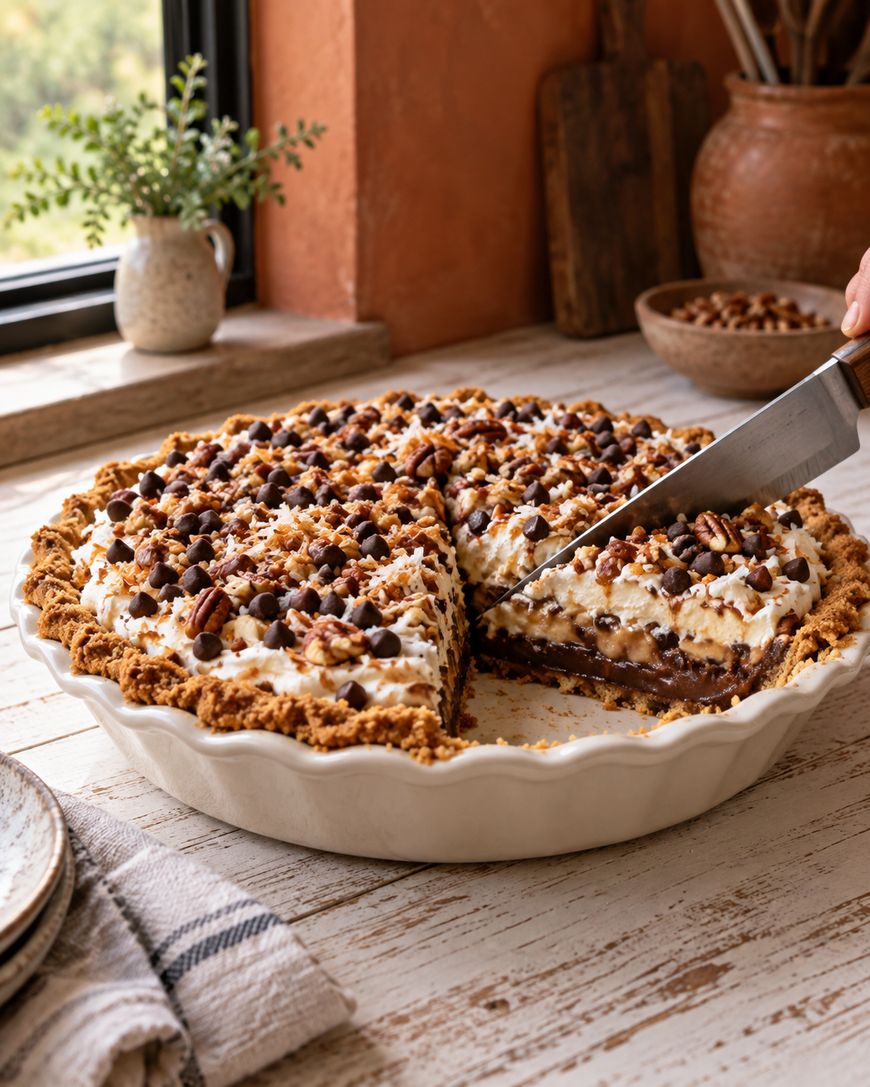 A hand slices a pie topped with whipped cream, chocolate chips, and pecans in a white ceramic dish on a rustic wooden table near a window.