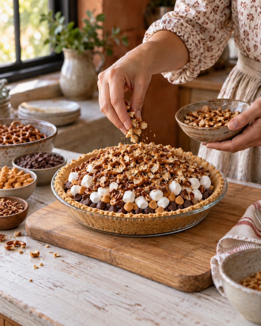 A person sprinkles a crumbly topping onto a pie with marshmallows and chocolate chips in a rustic kitchen. Bowls of ingredients and a cutting board are on the wooden counter.