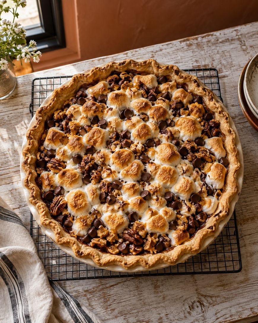 A freshly baked pie topped with toasted marshmallows, chocolate chips, and pecans sits on a cooling rack on a rustic wooden table near a window.