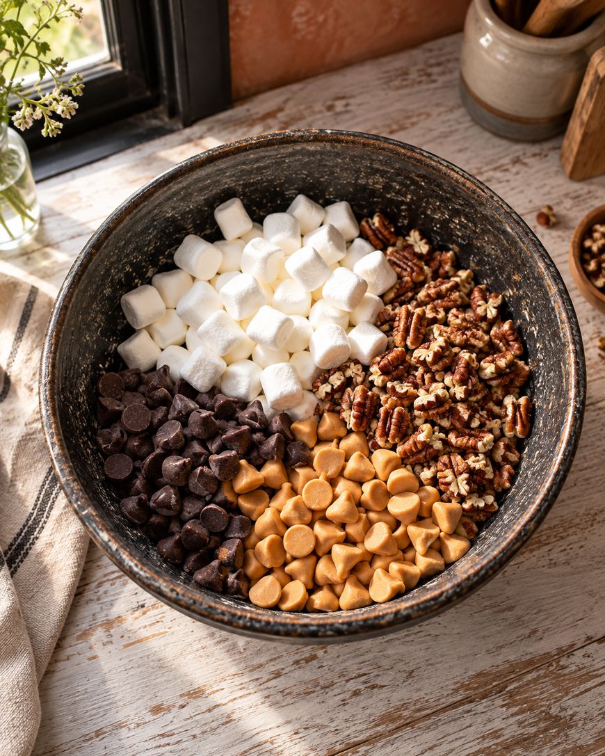 A rustic bowl contains mini marshmallows, chopped pecans, chocolate chips, and butterscotch chips, each ingredient grouped separately. The bowl sits on a wooden table near a window with sunlight streaming in.