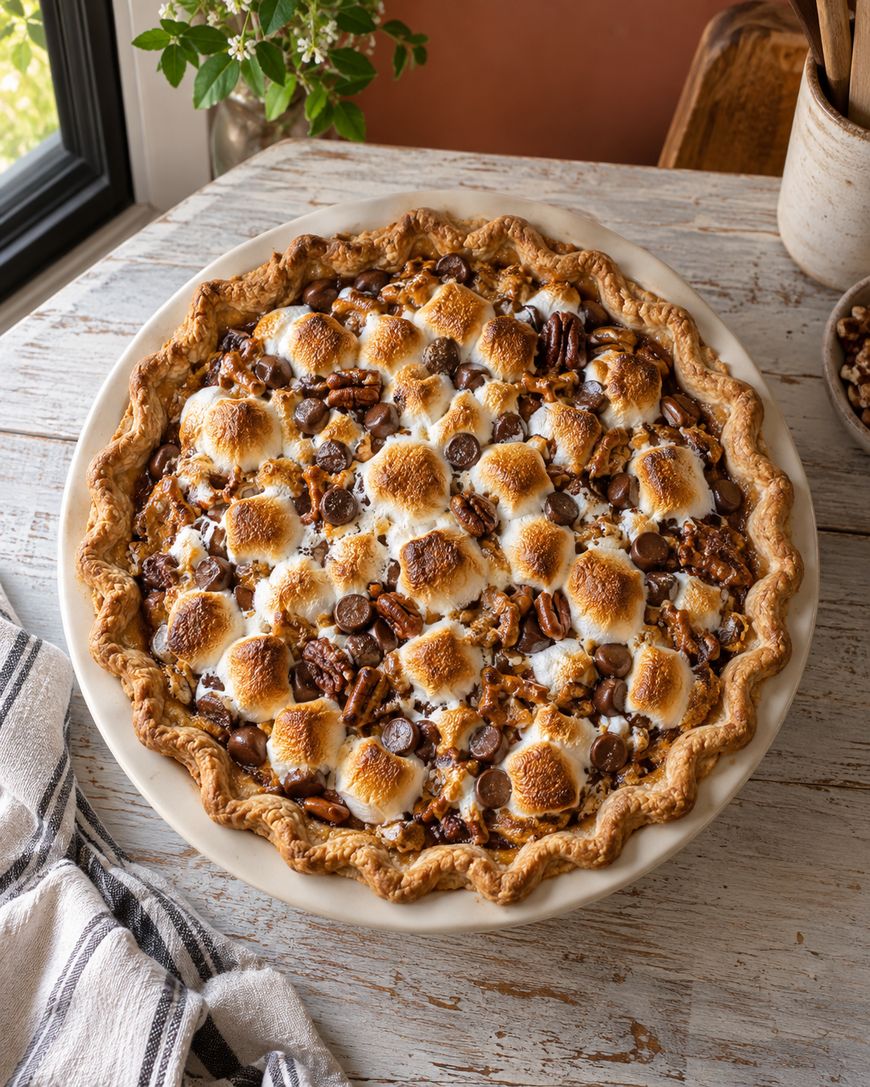A freshly baked pie with toasted marshmallows, chocolate chips, and pecans on top sits on a rustic wooden table near a window, with a striped towel and a small potted plant nearby.