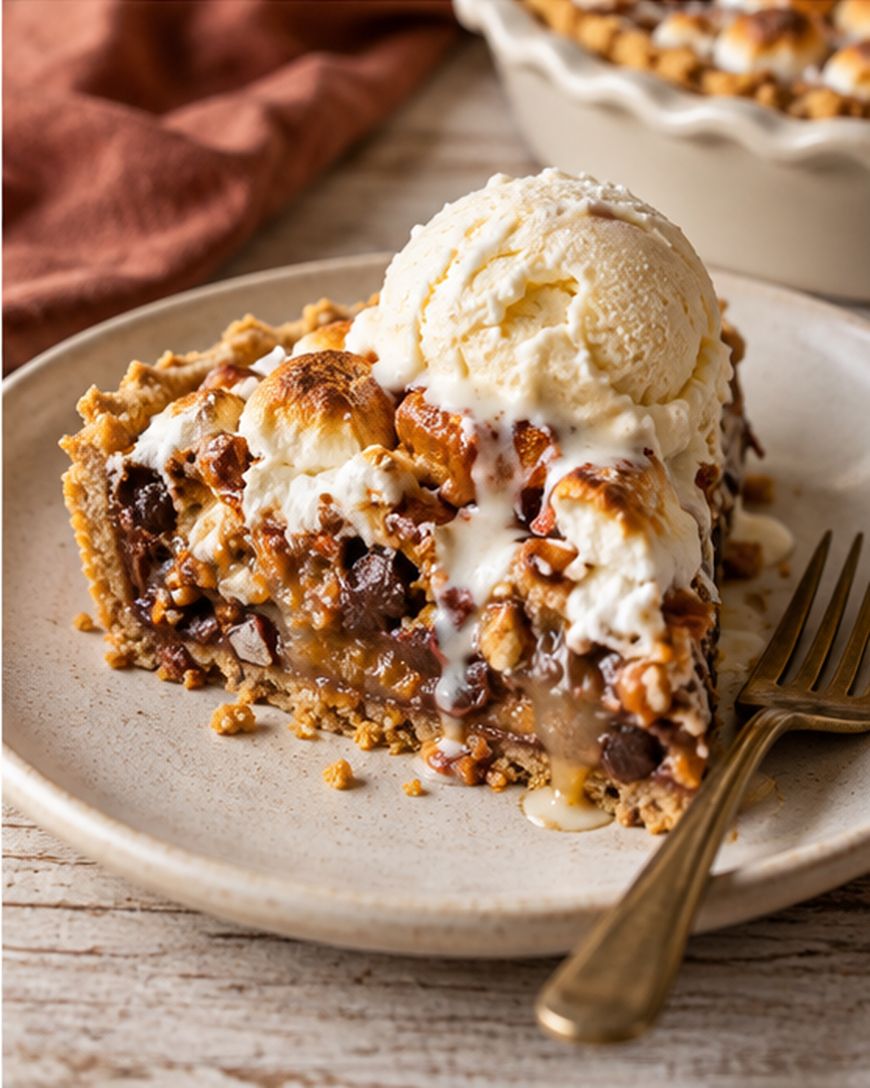 A slice of pie with chocolate chips, nuts, and marshmallows is topped with vanilla ice cream on a plate with a fork. Another pie is visible in the background.