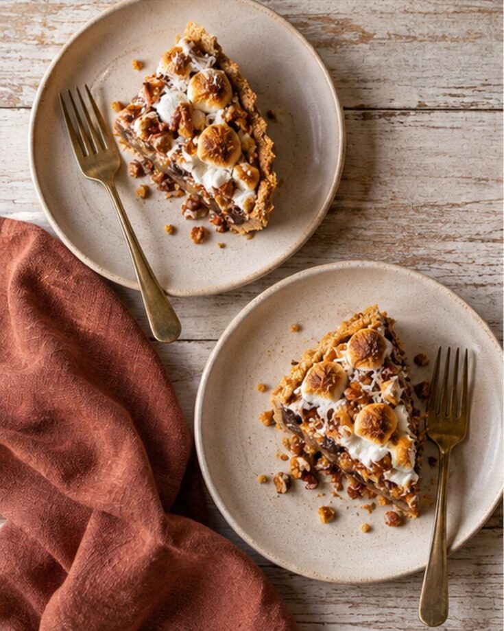 Two plates each hold a slice of pie topped with banana slices, nuts, and whipped cream. Gold forks rest on each plate. A rust-colored cloth napkin lies beside the plates on a rustic wooden surface.