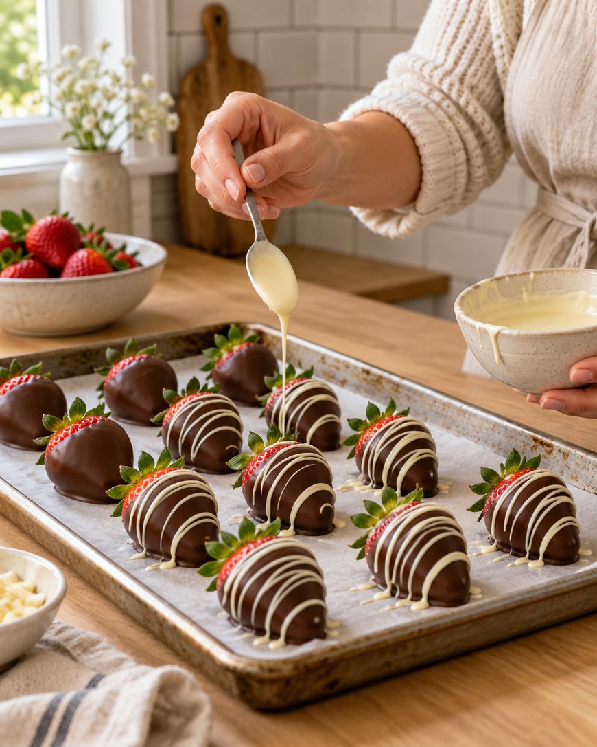 A person drizzles white chocolate over chocolate-covered strawberries on a tray. A bowl of melted chocolate, fresh strawberries, and kitchen decor are visible in a bright, cozy kitchen.