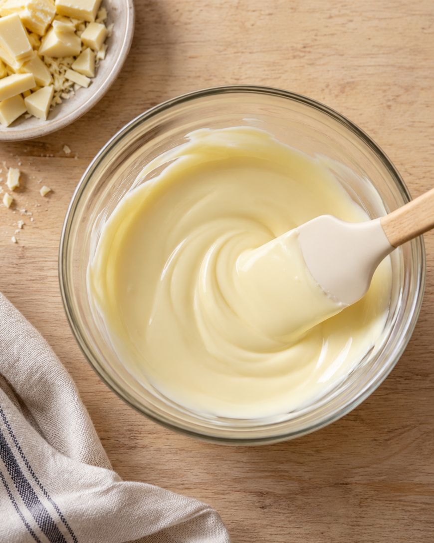 A glass bowl with melted white chocolate being stirred by a spatula sits on a wooden surface near a plate of chopped white chocolate and a striped cloth.