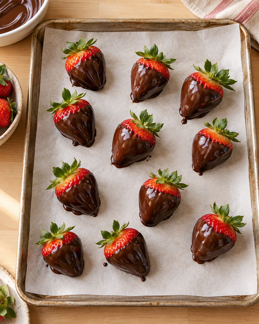 Twelve fresh strawberries dipped in chocolate are arranged on a parchment-lined baking sheet, with bowls of strawberries and melted chocolate nearby.