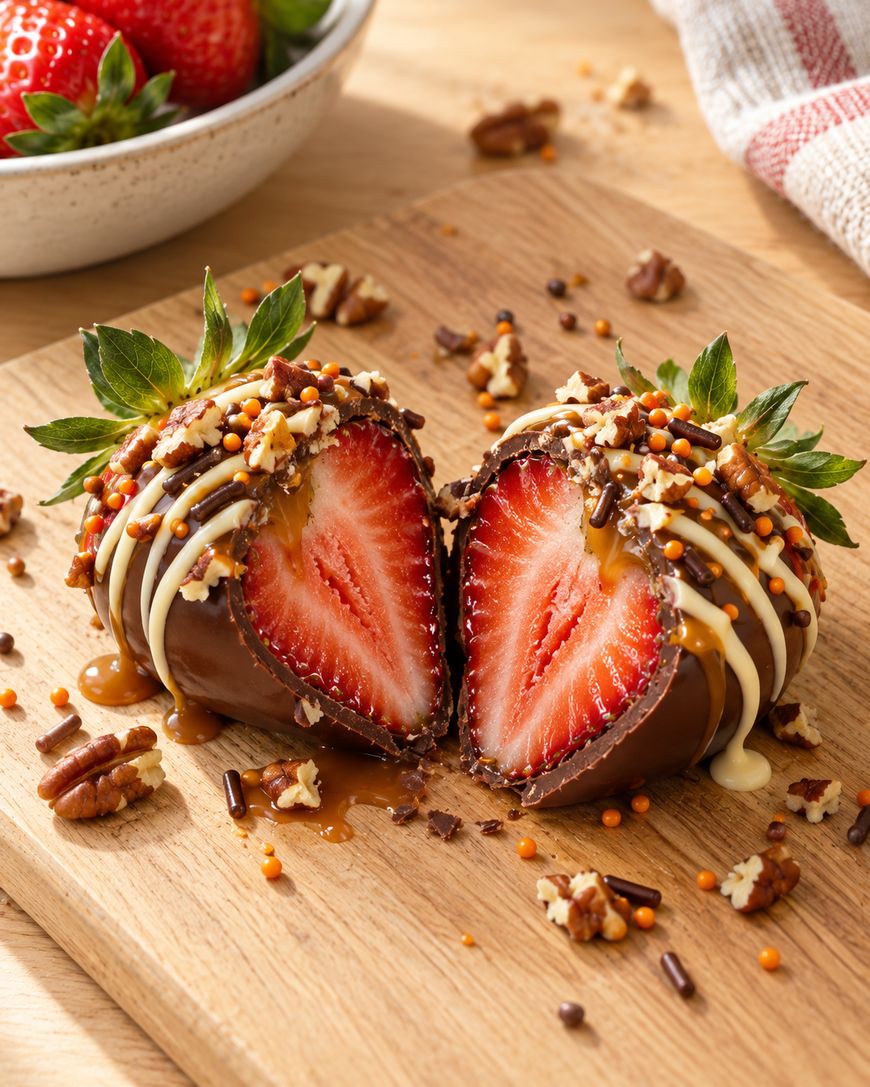 A large chocolate-covered strawberry cut in half, drizzled with white chocolate and caramel, topped with chopped nuts and sprinkles, sits on a wooden board with a bowl of strawberries in the background.
