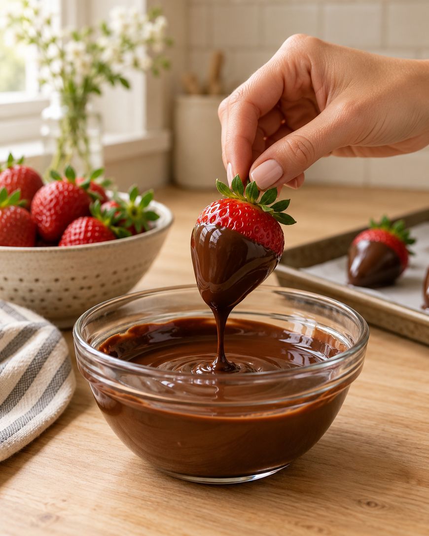 A hand dips a fresh strawberry into a bowl of melted chocolate, with more strawberries in a bowl and on a tray in the background.