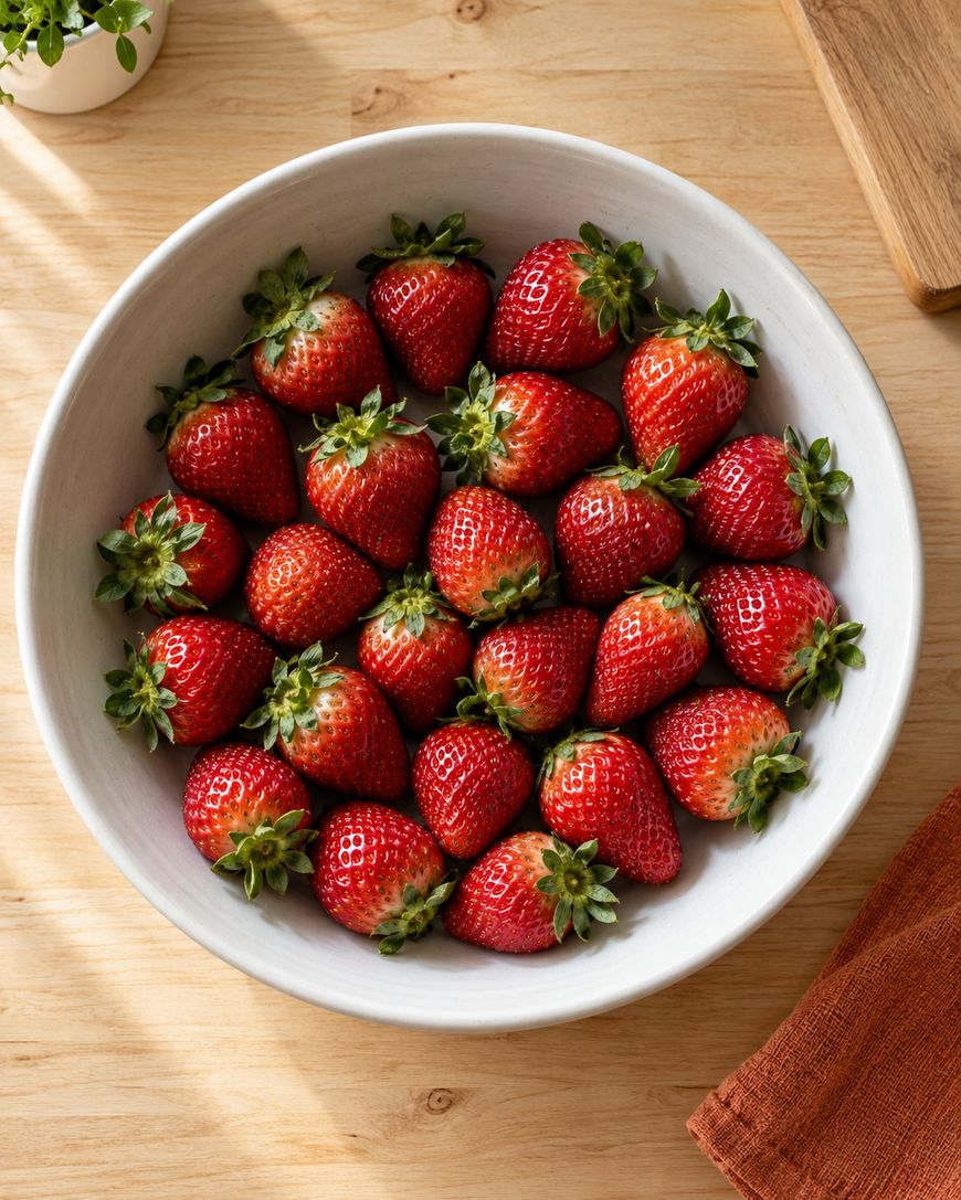 A white bowl filled with fresh, ripe strawberries sits on a wooden table next to a red cloth napkin. Sunlight casts soft shadows across the scene.
